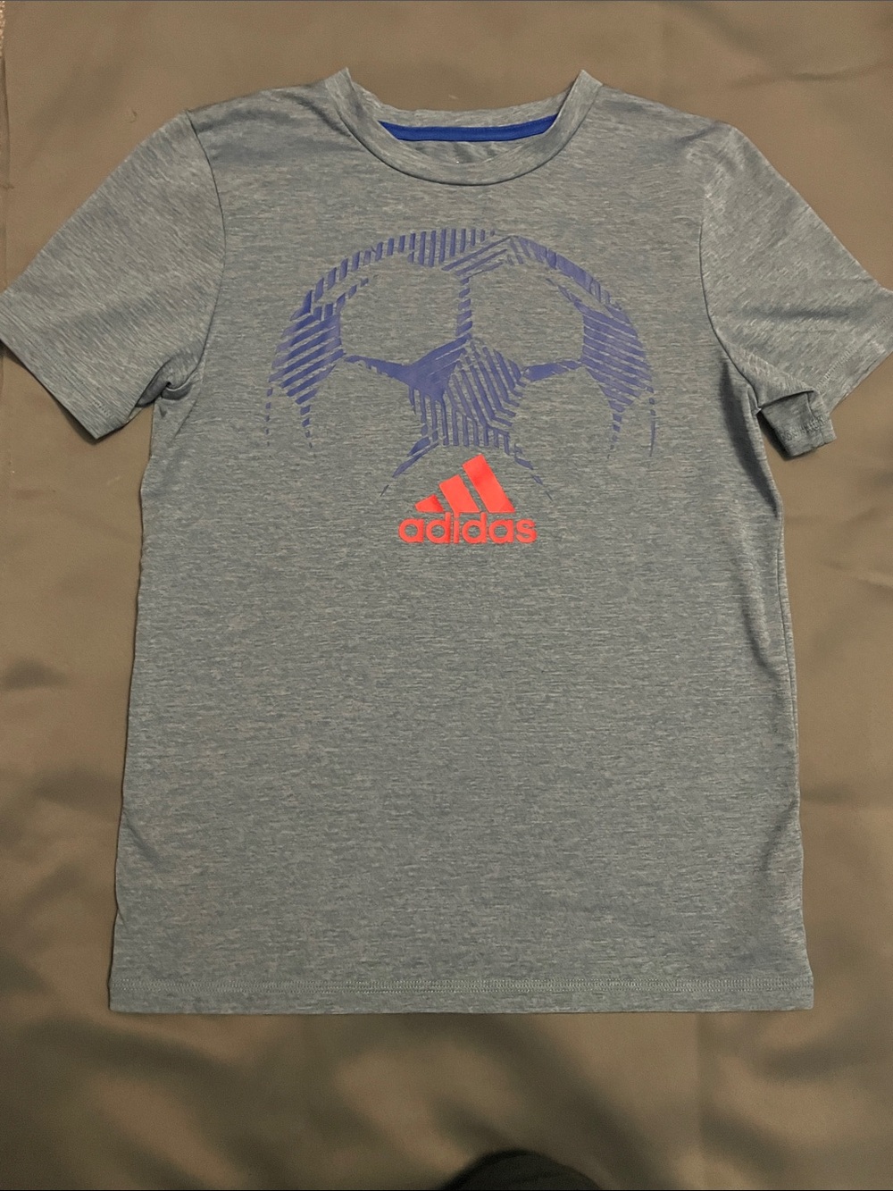 adidas Grey Short-Sleeve Soccer Graphic Tee with Blue and Red Accents